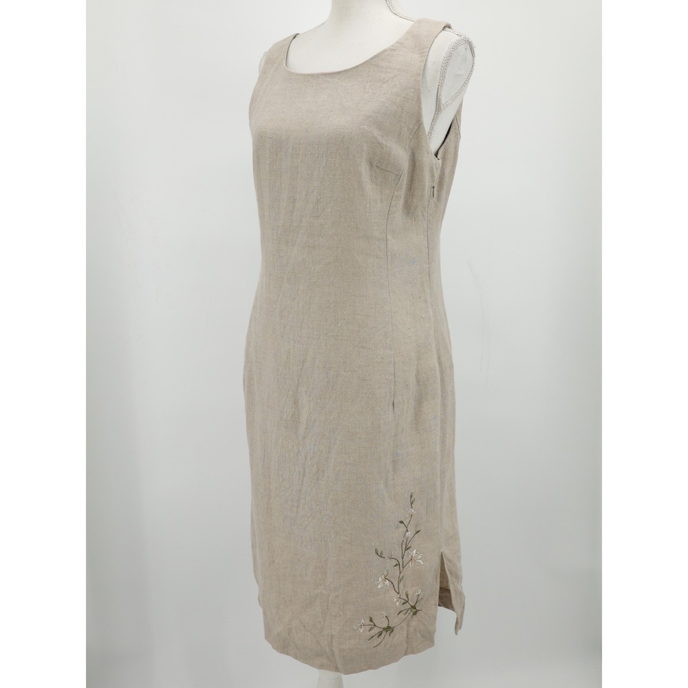 Rafaella Linen Shift‎ Dress Sleeveless Embroidered Slit Natural Beige 10/M